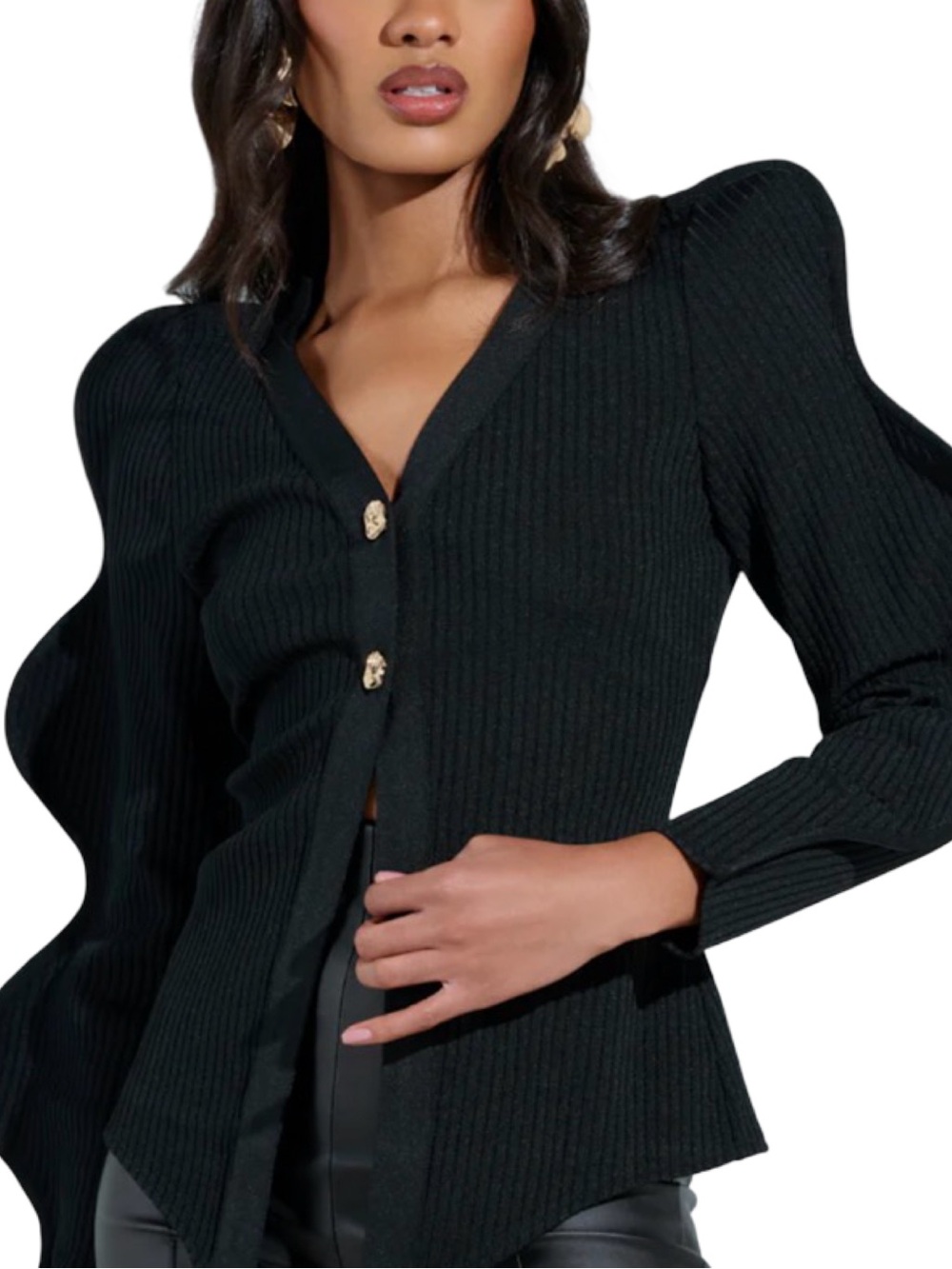 NWT AKIRA Black Wavy Structured Sleeve Ribbed Cardigan L/XL Statement Sweater - Picture 11 of 13